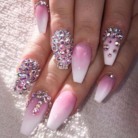 acrylic pink white ombre nails with rhinestones