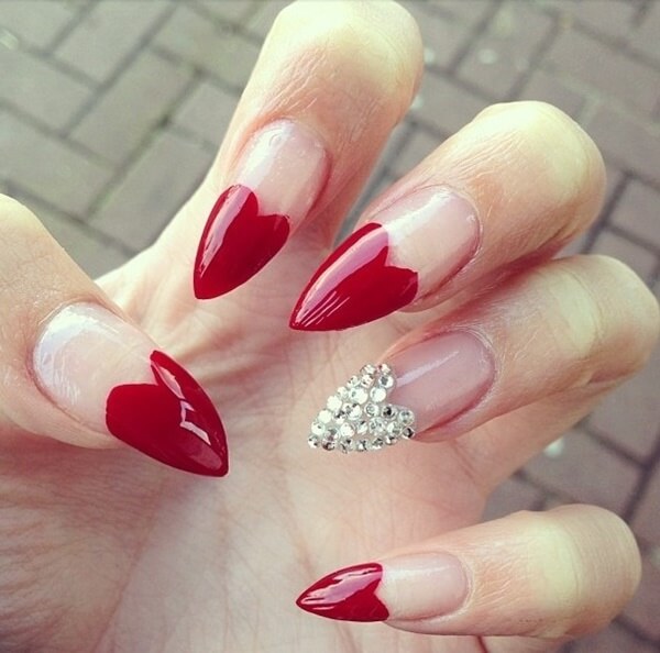 french tips valentines day red hearts nail art with diamonds on one finger