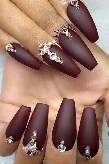 matte burgundy rhinestone nails