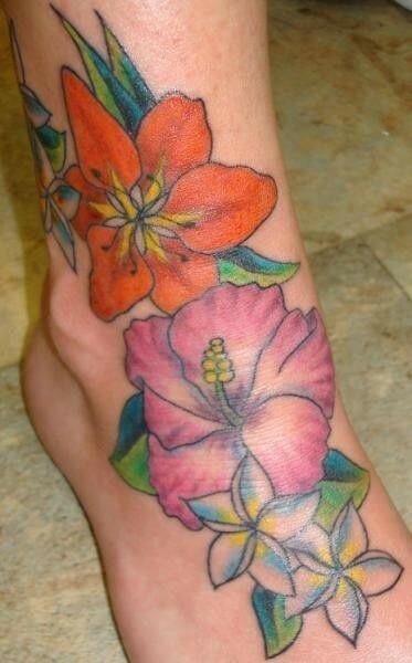 hibiscus and plumeria hawaiian flowers tattoo designs on foot