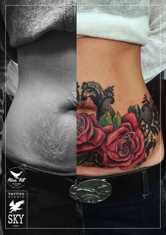 belly scar cover up rose flower tattoo design