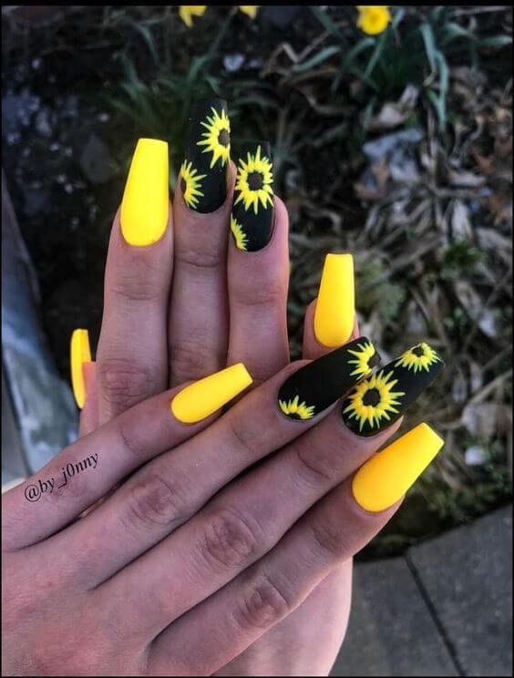 black yellow sunflower nails coffin