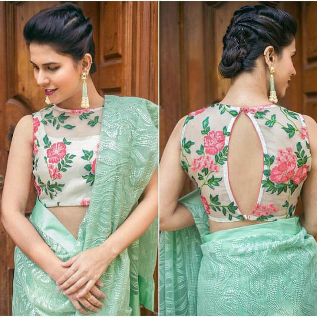 floral print blouse with oval shape back design