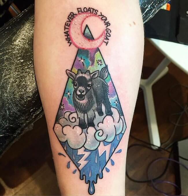 cute neo traditional goat tattoo