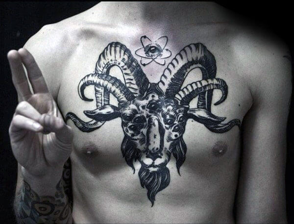 double horned goat tattoo on chest