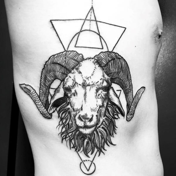 geometric ram head tattoo design on side ribs