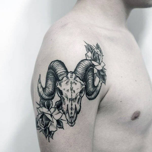 roses and mountain goat skull tattoo design on shoulder