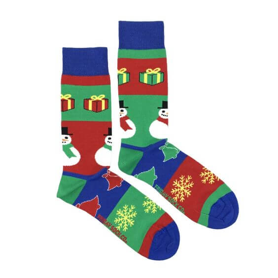 snowflakes with snowman-jingle bells and christmas gifts ugly socks