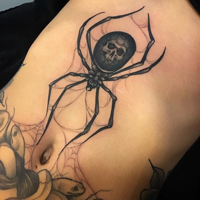 girls belly spider skull tattoo design