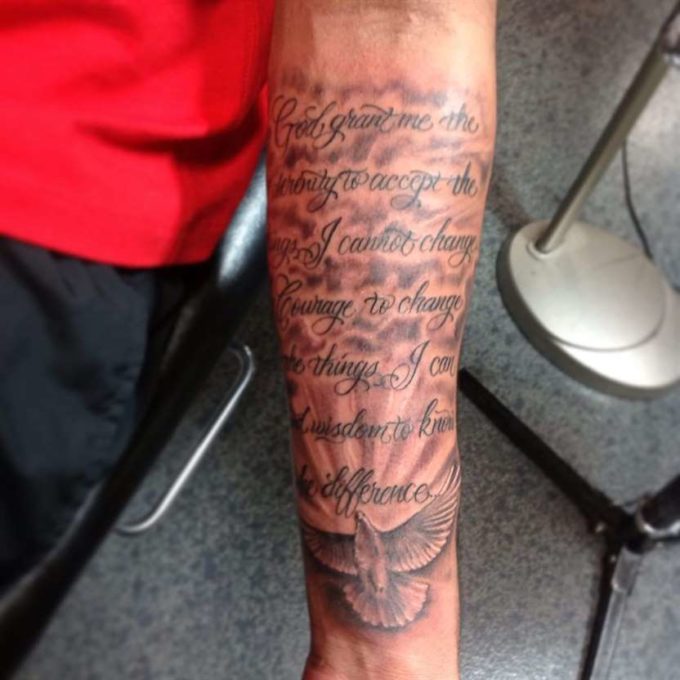 forearm half sleeve bible scripture tattoo