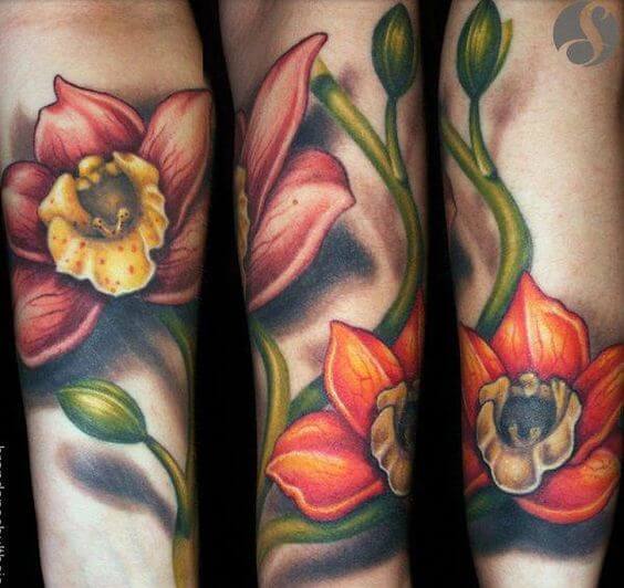 3d colorful orchid flower tattoo design
