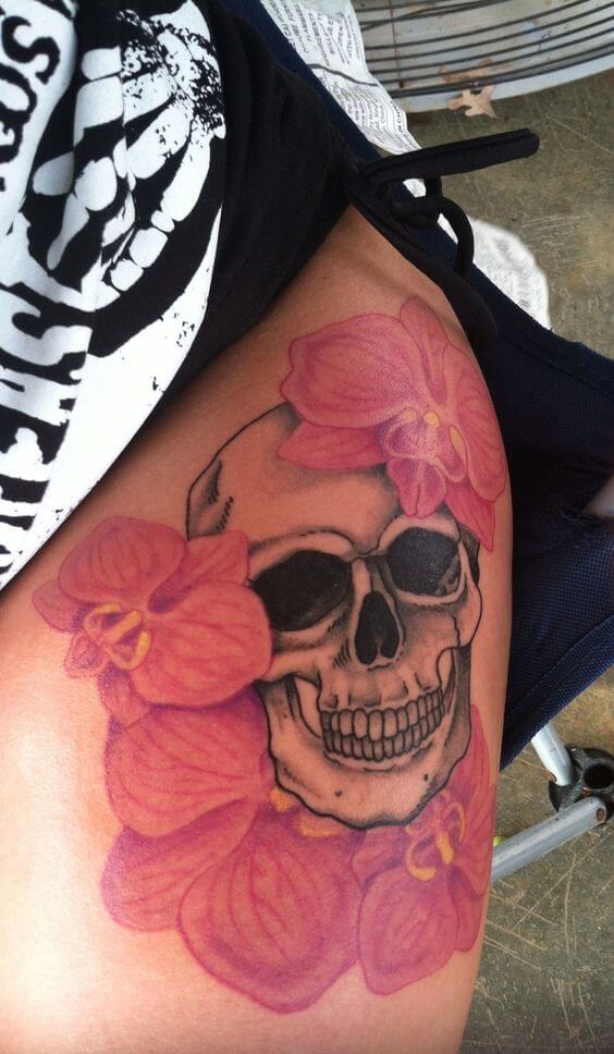 beautiful orchid skull tattoo design