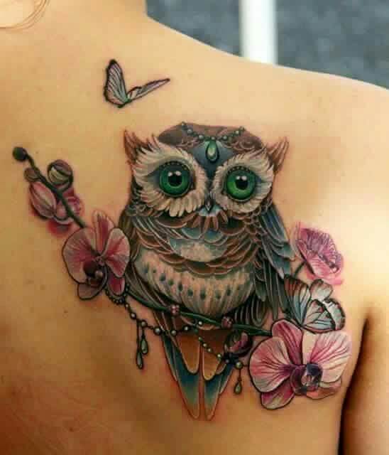 butterfly owl with orchid flower tattoo design on back