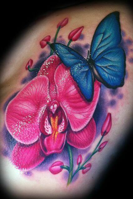 butterfly with orchid flower tattoo