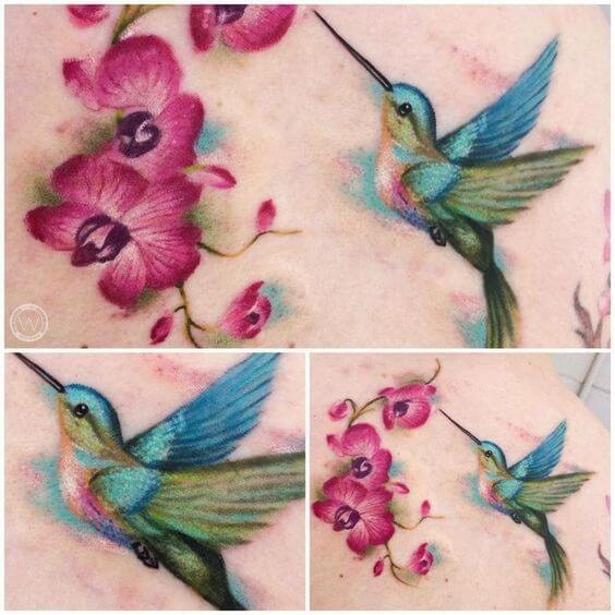 hummingbird with orchid flowers tattoo