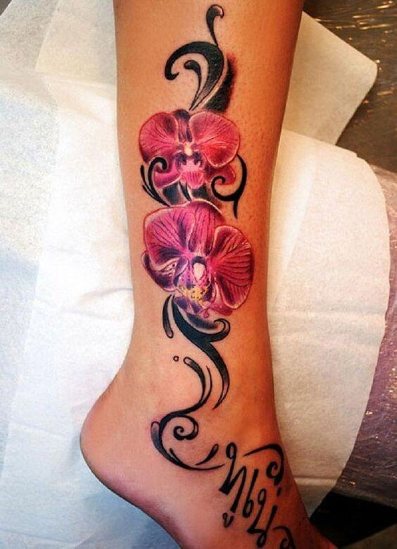 tribal orchid flower tattoo on foot