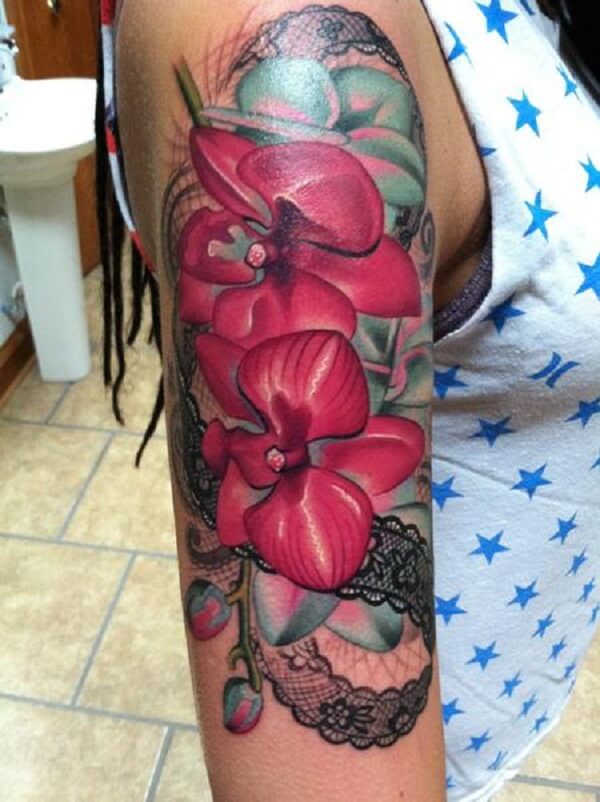 upper sleeve orchid flower with lace tattoo design