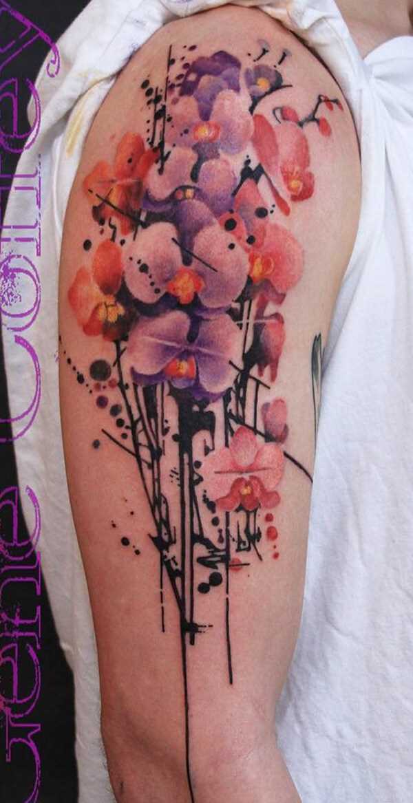 watercolor orchid flowers tattoo on half sleeve