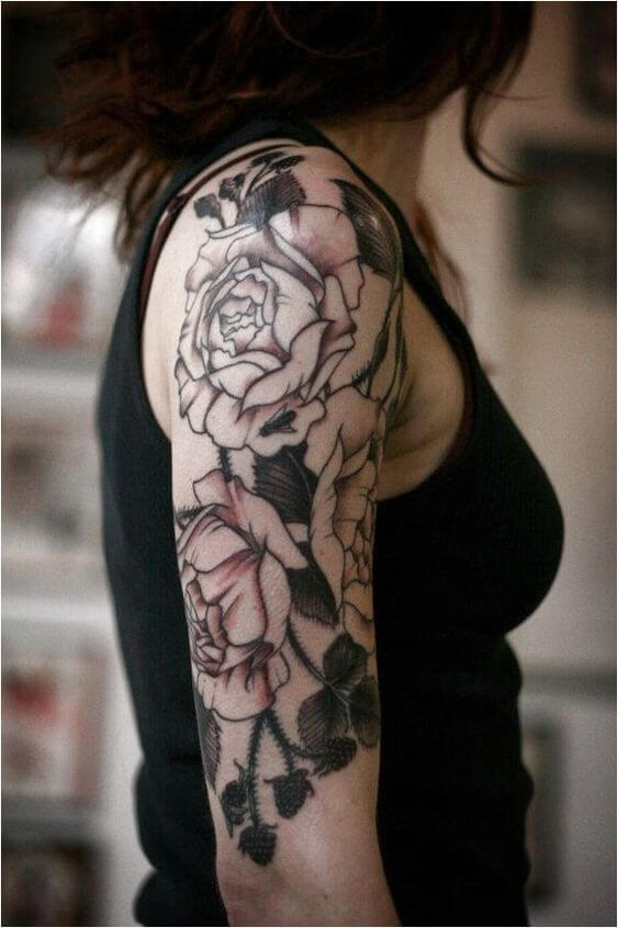 roses and jasmine flower tattoo design on upper sleeve