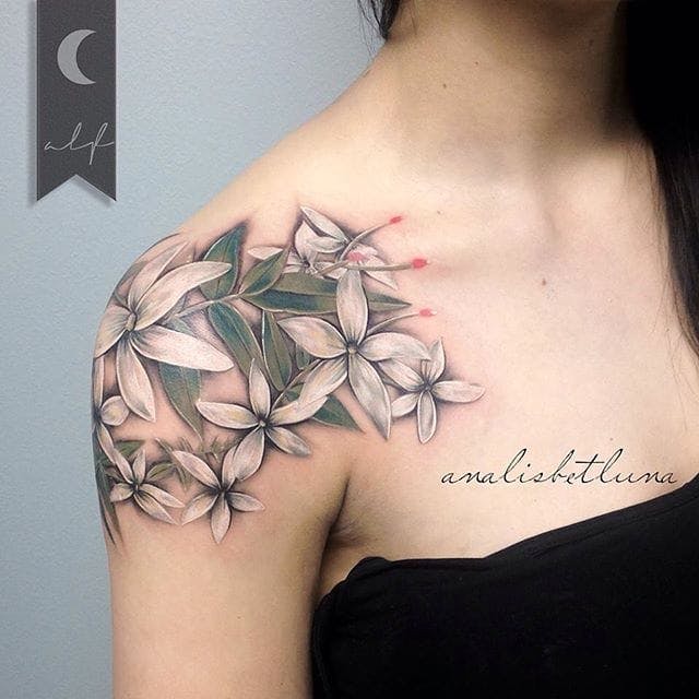 white jasmine flowers tattoo design on shoulder