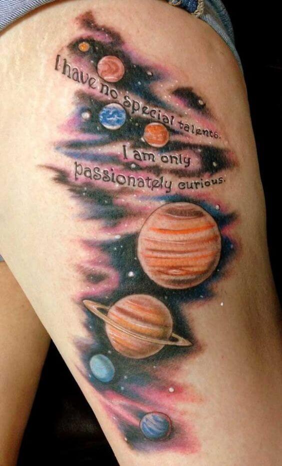 astronomy and quote tattoo on side leg