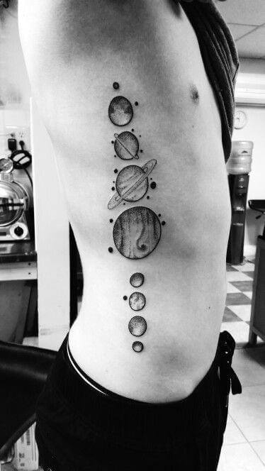 black and grey solar planets tattoo on side