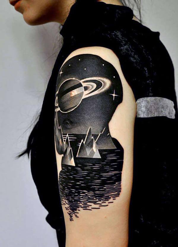 black and white astronomy tattoo on half sleeve
