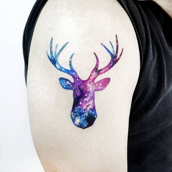 cosmic deer astronomy tattoo design on upper arm