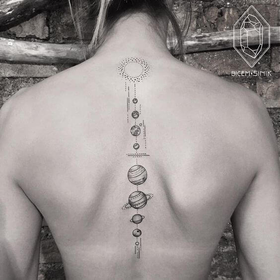 dotwork planets tattoos on spine for men