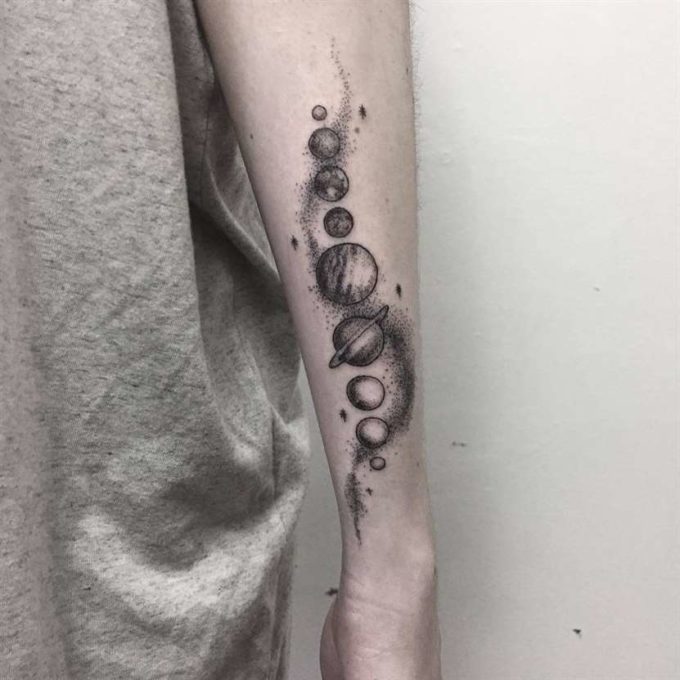 dotwork side arm solar planets tattoo design