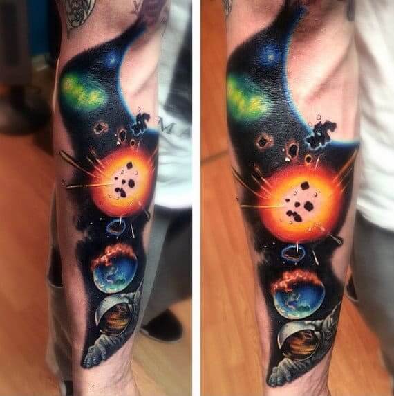 explosion in space tattoo idea on forearm
