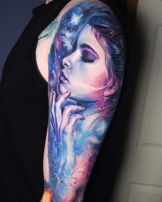 full arm space girl tattoo idea