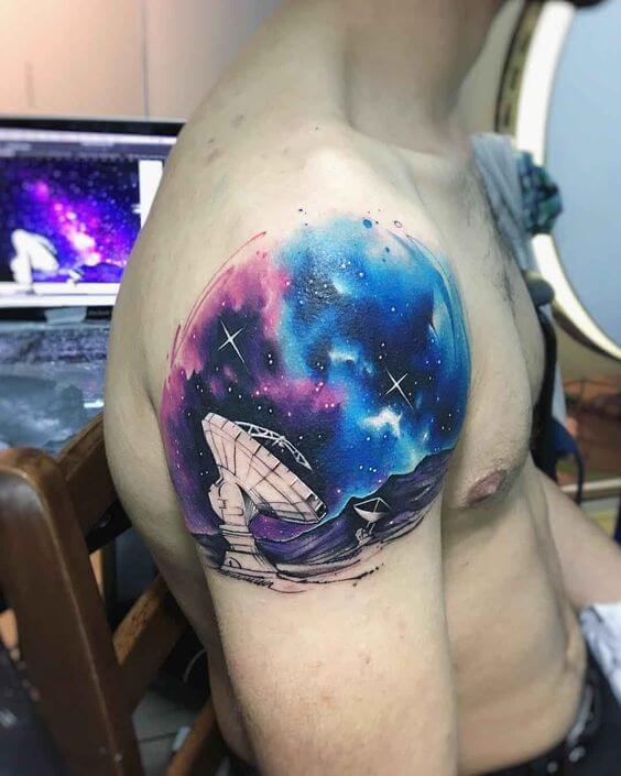 galaxy tattoo design idea on shoulder for men