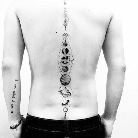 geometric solar planets tattoos on back spine