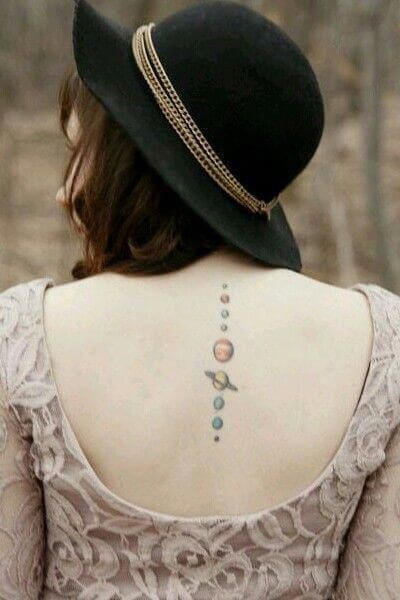 small solar planets tattoo on spine for women