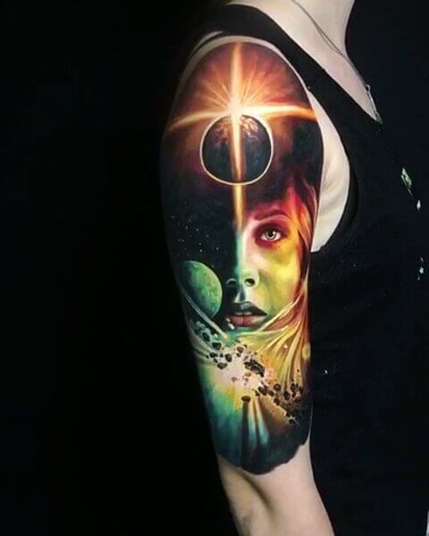 space girl astronomy tattoo idea on sleeve
