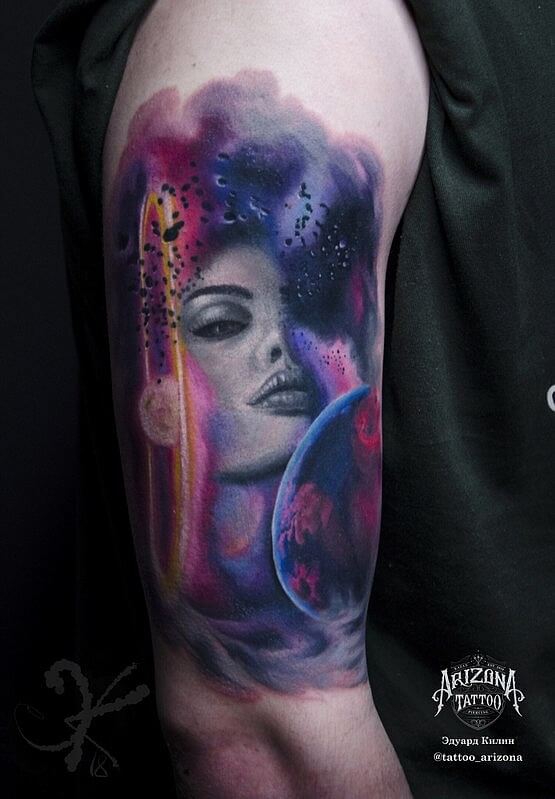 space gril astronomy tattoo idea on half sleeve