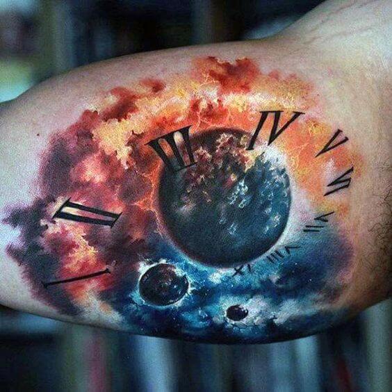 watercolor galaxy clock tattoo design