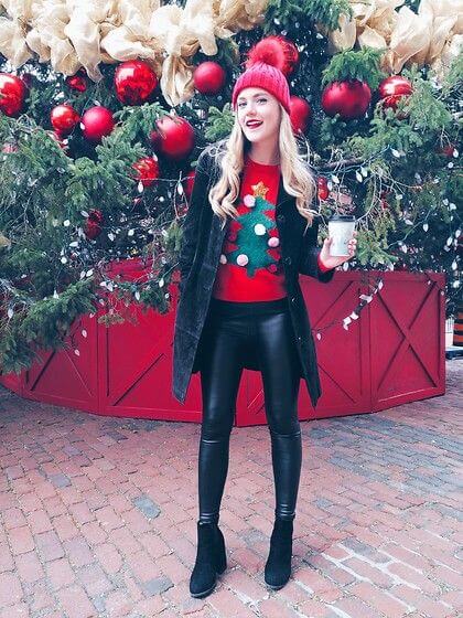christmas casual leather pant outfit ideas for females