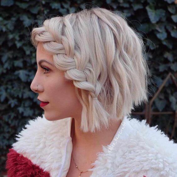 cute stylish bob with curls and braid hairstyle for winter