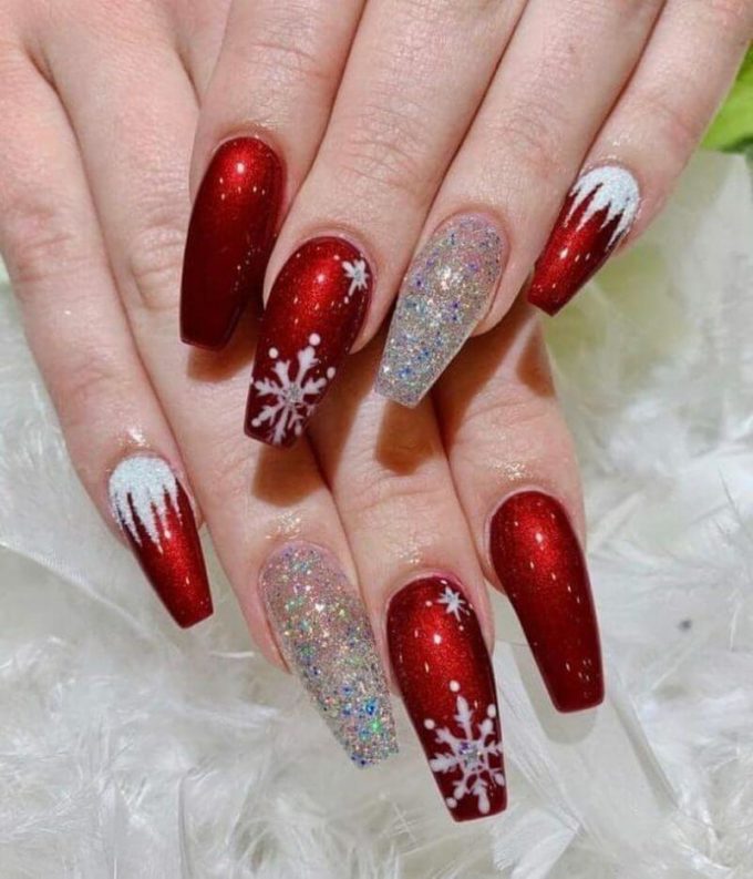 glittery nude and red acrylic coffin christmas nails