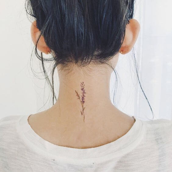 lavender sprig tattoo on back neck for females