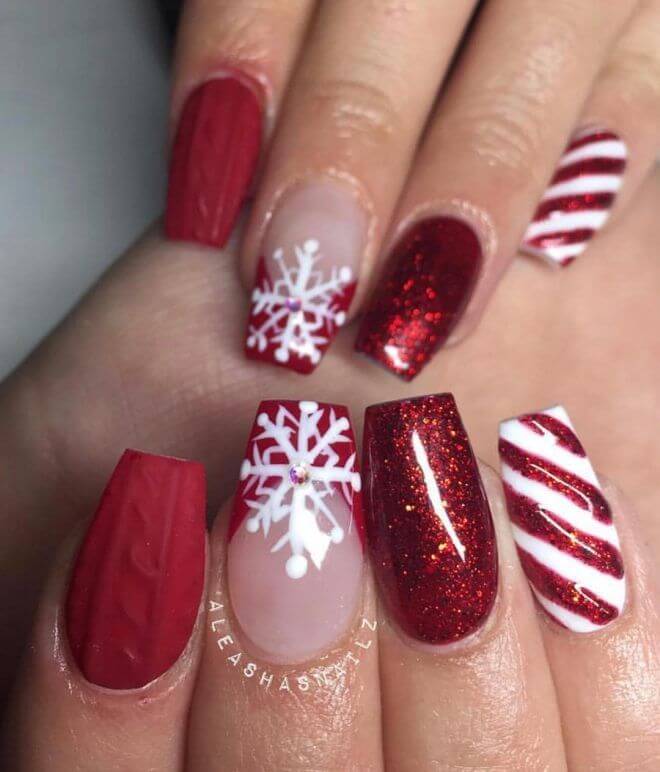 nude and red glitter acrylic coffin christmas nails