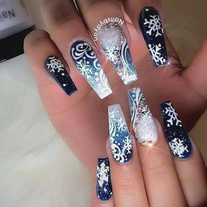 nude blue snowflakes acrylic coffin christmas nails
