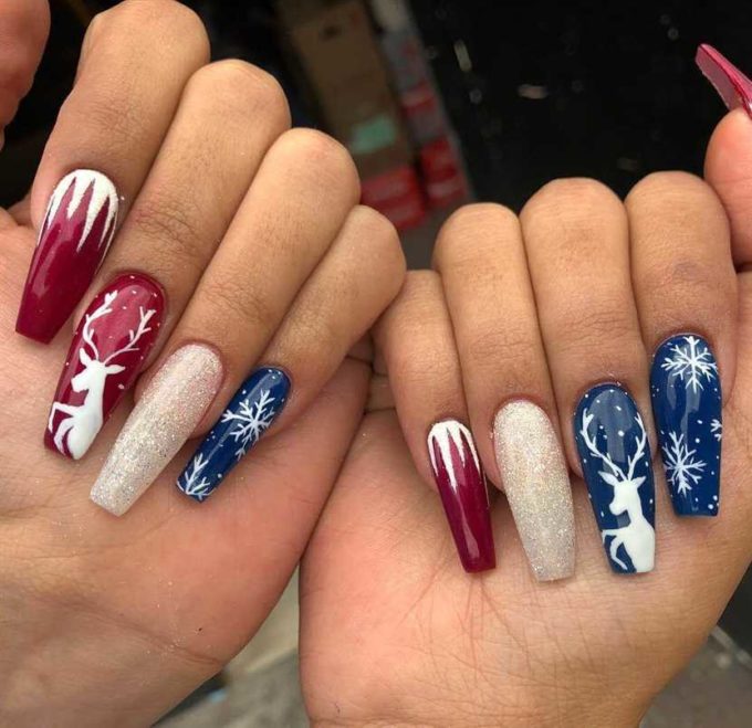 nude glitter gel with white-red and blue acrylic coffin christmas nails