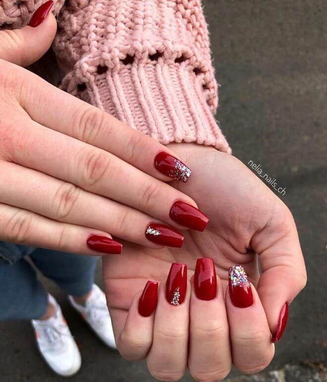 rhinestones and glitter red acrylic coffin christmas nails