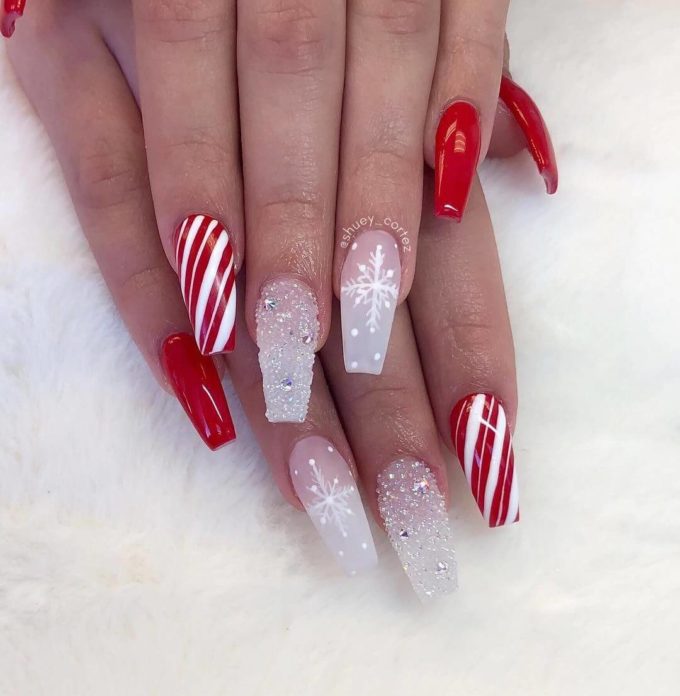 rhinestones nude and red acrylic coffin christmas nails