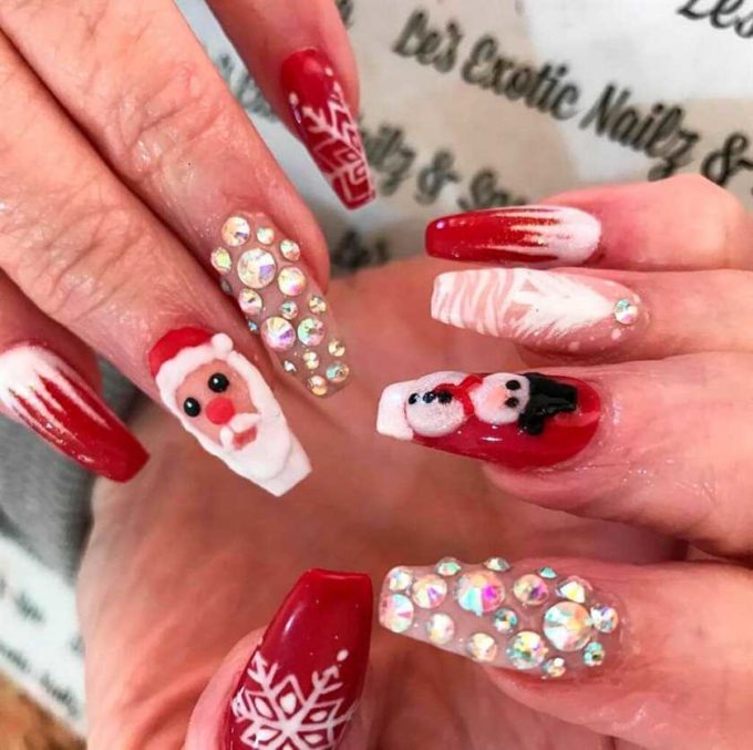 rhinestones nude with red and white acrylic coffin christmas nails