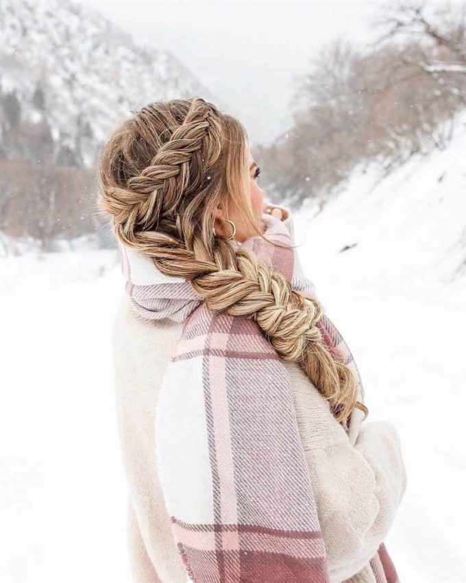 side braid dutch and fishtail hairstyle for winter
