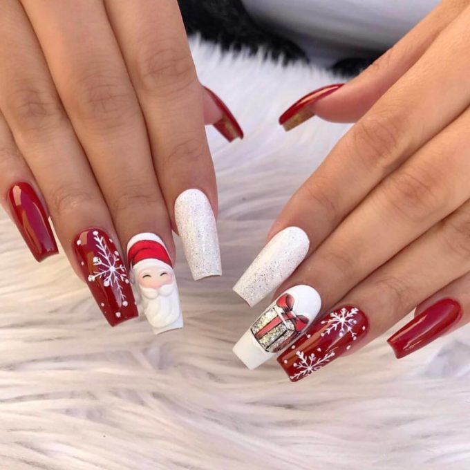white and red acrylic coffin christmas nails designs